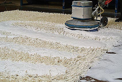 a white shage rug with rows of soap and a gentle scrubber being run over it