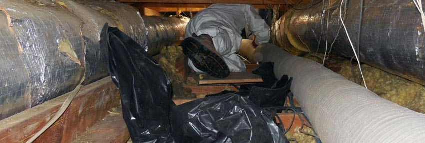 interior of an attic with a technician laying next to duct work