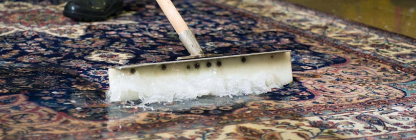 an area rug under an inch of water with a cleaning tool being run over it